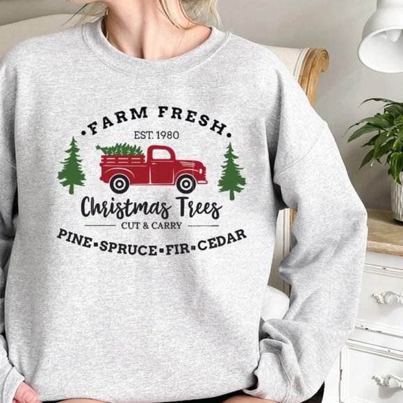 Tops Christmas Tree Truck Crewneck Sweatshirt Farm Fresh Crewneck